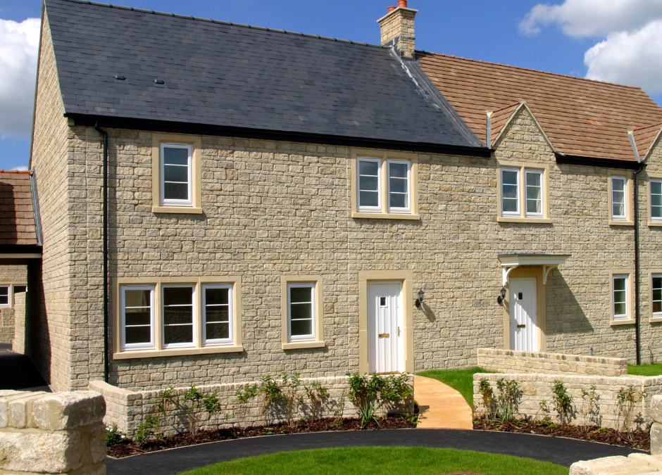 semi detached beige stone new build home, ready for a snagging survey